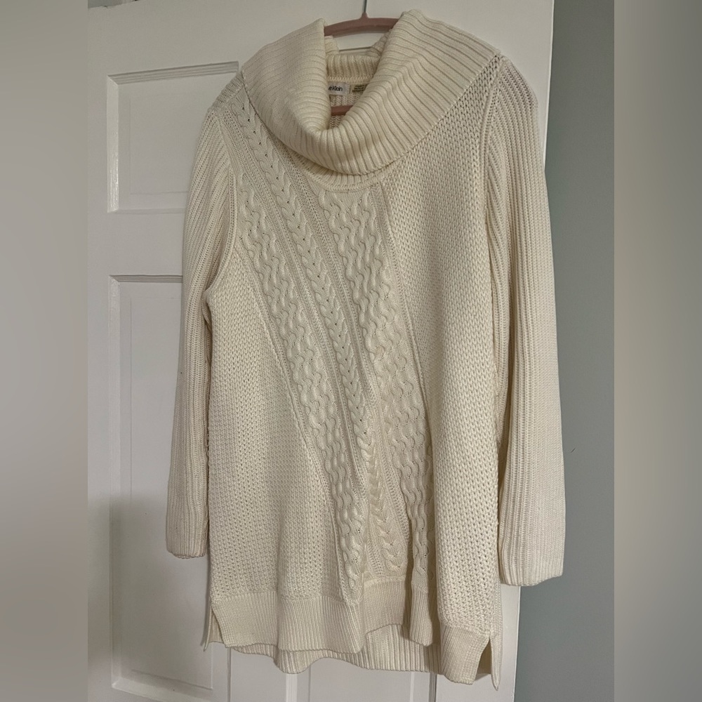 Chunky neck sweater or sweater dress in cream